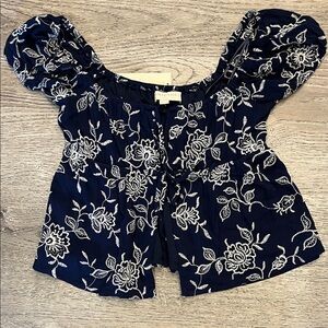 Thirty Thirty Navy Floral Embroidered Tie Blouse Size S